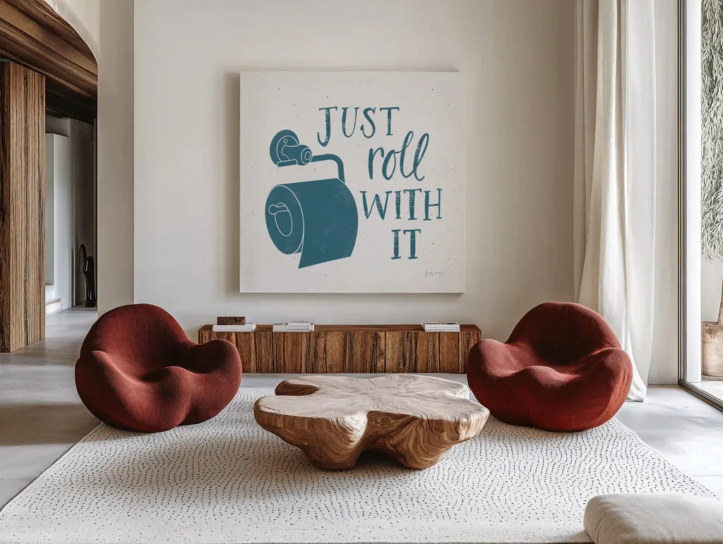 Turkish Tile Bathroom Puns V by Becky Thorns. Shown as extra-large giant wall art in a modern living room. Available as an archival giclee rolled canvas, fine art paper, or poster print. SKU 58435a.