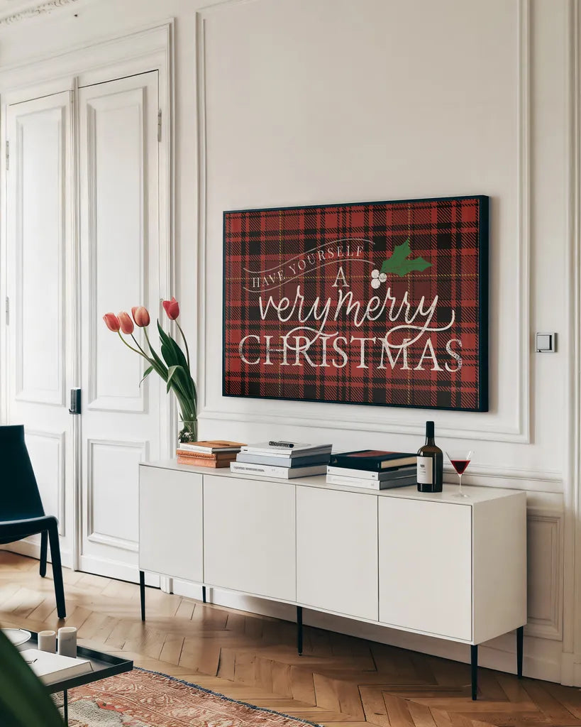 Vintage Christmas IV Plaid by Becky Thorns. shown as a framed stretched canvas in a living room above a console. Available as a archival giclee rolled canvas, fine art paper, or poster print. SKU 73343i.