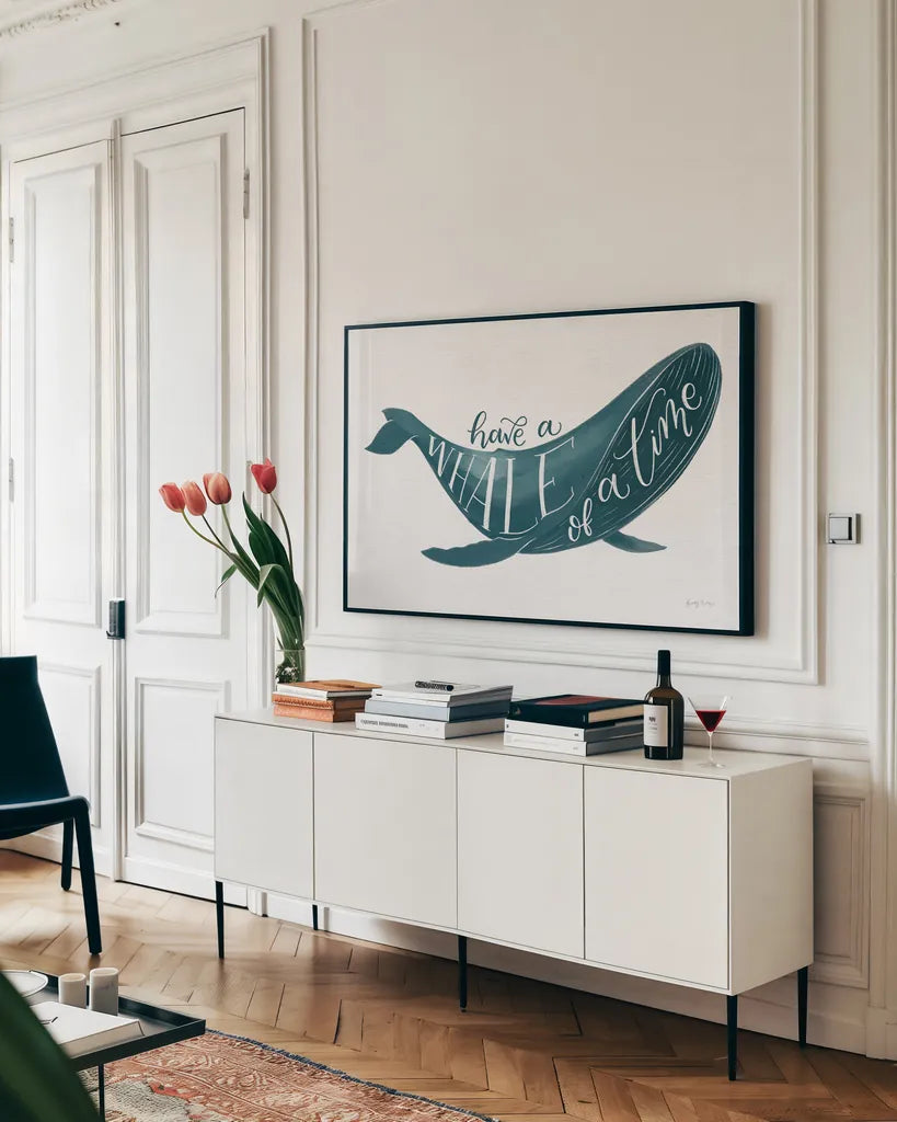 Whale of A Time by Becky Thorns. shown as a framed stretched canvas in a living room above a console. Available as a archival giclee rolled canvas, fine art paper, or poster print. SKU 61410i.