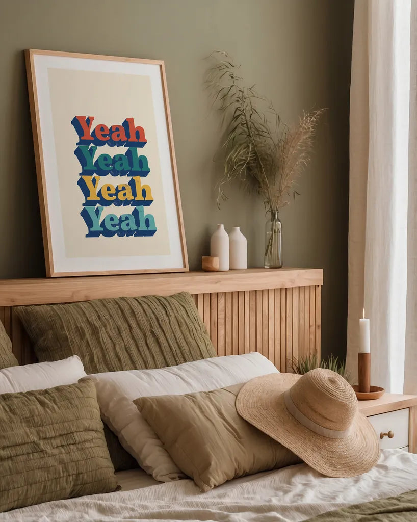 Yeah Modern Retro by Becky Thorns. shown as a paper print in a natural frame. Available as a archival giclee rolled canvas, fine art paper, or poster print. SKU 66921h.