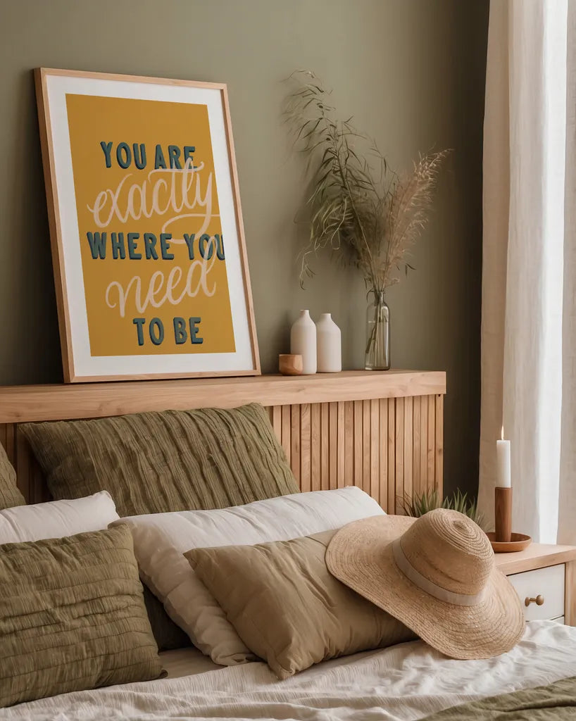 You are Exactly Where You Need to Be by Becky Thorns. shown as a paper print in a natural frame. Available as a archival giclee rolled canvas, fine art paper, or poster print. SKU 51865h.