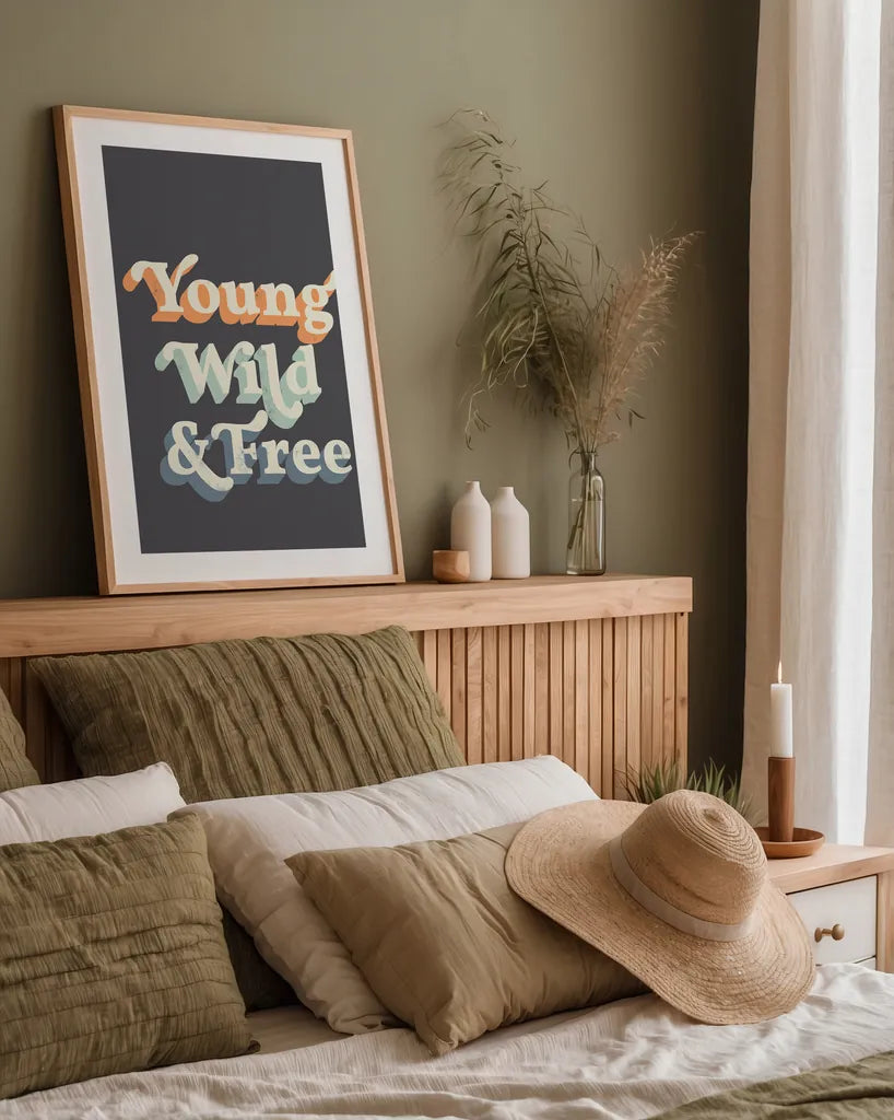 Young Wild and Free Warm by Becky Thorns. shown as a paper print in a natural frame. Available as a archival giclee rolled canvas, fine art paper, or poster print. SKU 66919h.