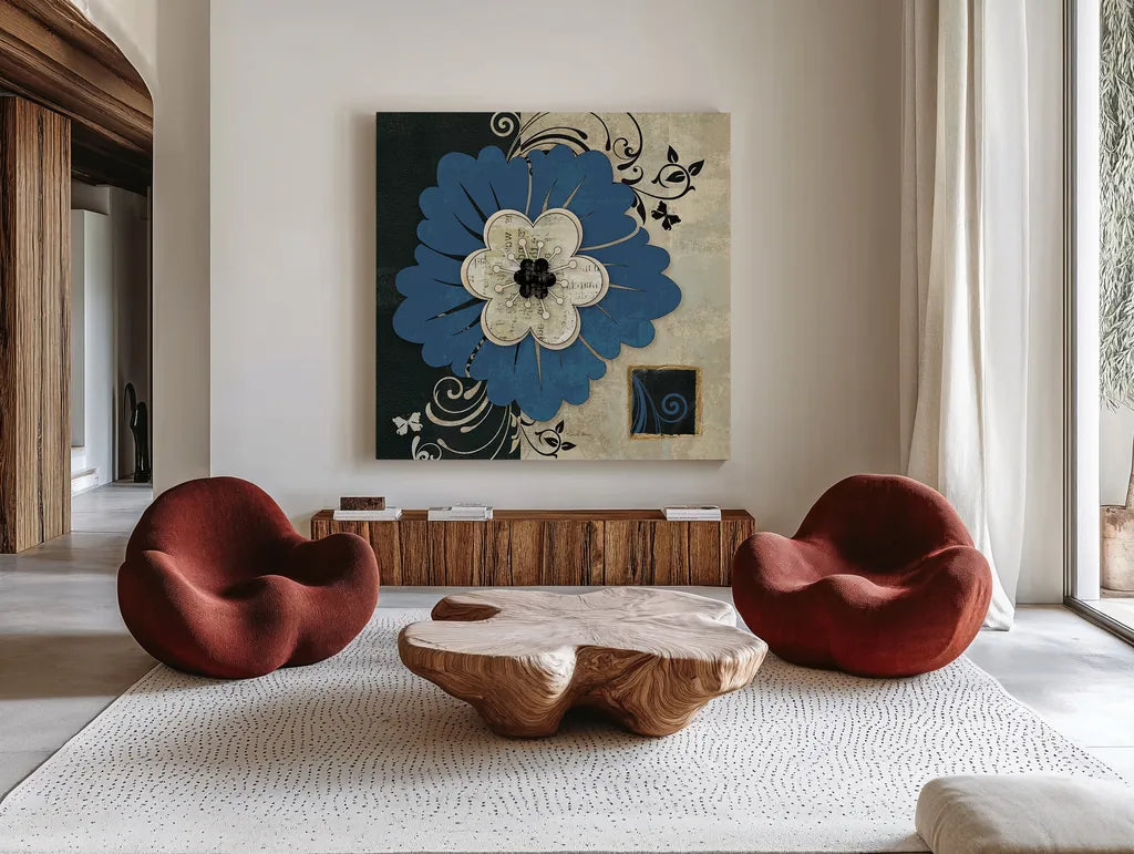 Flowers In Bloom III by Belinda Aldrich. Shown as extra-large giant wall art in a modern living room. Available as an archival giclee rolled canvas, fine art paper, or poster print. SKU 13595a.
