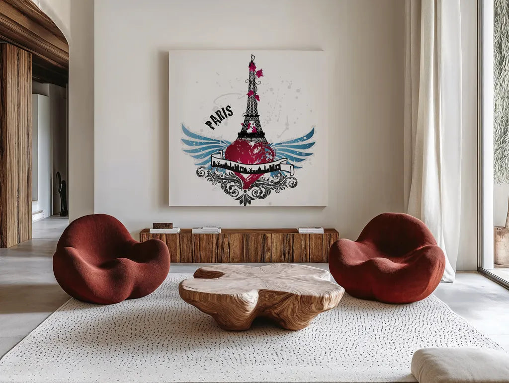 Heart of the City Paris by Belinda Aldrich. Shown as extra-large giant wall art in a modern living room. Available as an archival giclee rolled canvas, fine art paper, or poster print. SKU 32967a.