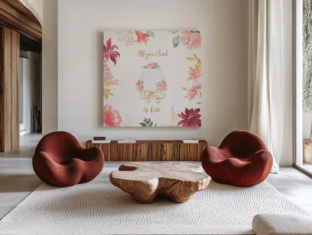 All You Need is Love V by Beth Grove. Shown as extra-large giant wall art in a modern living room. Available as an archival giclee rolled canvas, fine art paper, or poster print. SKU 55408a.