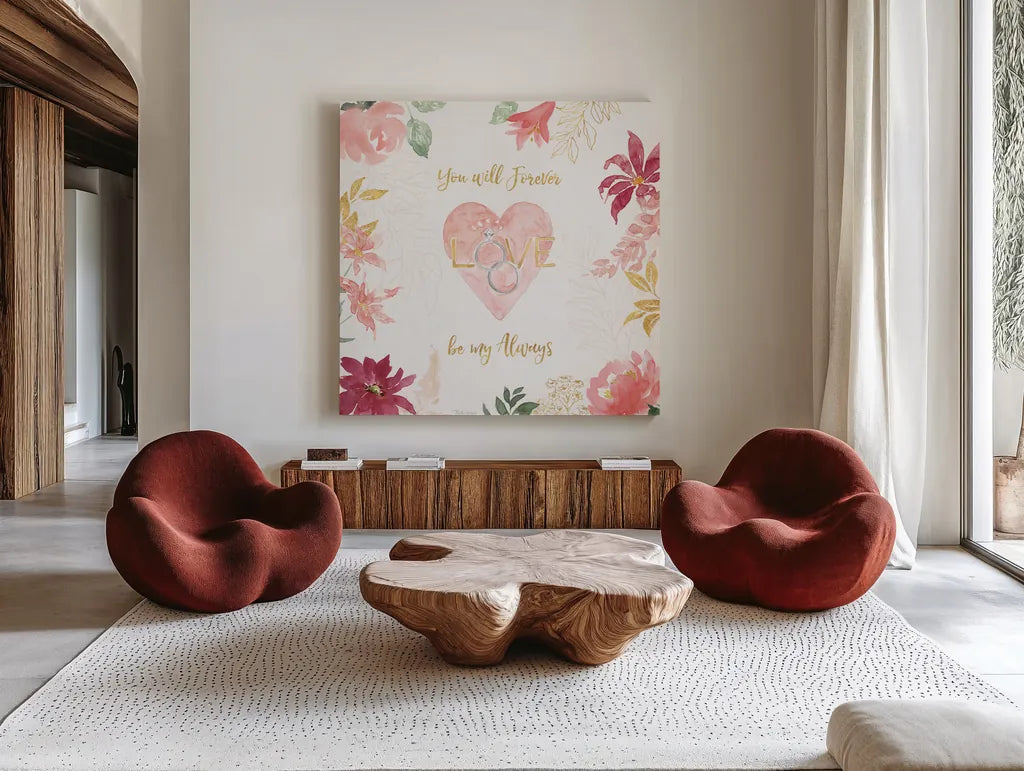 All You Need is Love VII by Beth Grove. Shown as extra-large giant wall art in a modern living room. Available as an archival giclee rolled canvas, fine art paper, or poster print. SKU 55410a.