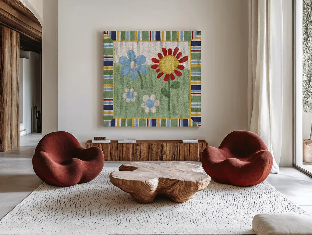 Americana Garden II with border by Beth Grove. Shown as extra-large giant wall art in a modern living room. Available as an archival giclee rolled canvas, fine art paper, or poster print. SKU 27289a.