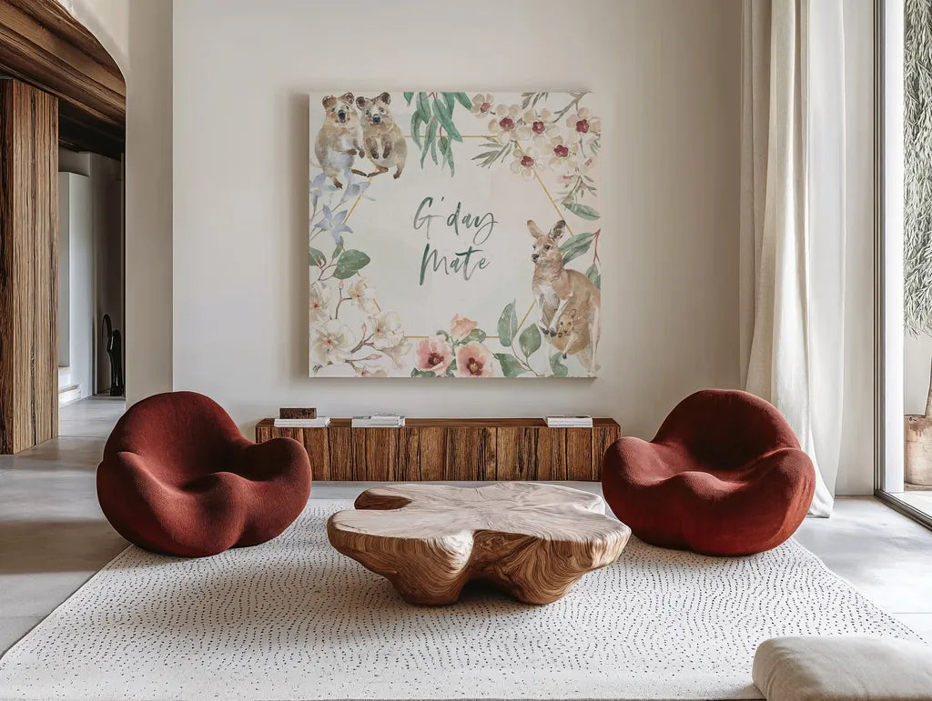 Aussie Love III by Beth Grove. Shown as extra-large giant wall art in a modern living room. Available as an archival giclee rolled canvas, fine art paper, or poster print. SKU 62830a.