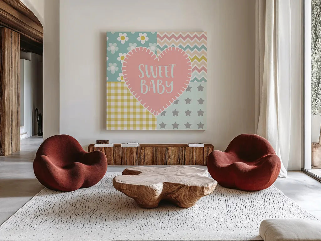 Baby Quilt I Sweet Baby by Beth Grove. Shown as extra-large giant wall art in a modern living room. Available as an archival giclee rolled canvas, fine art paper, or poster print. SKU 32058a.