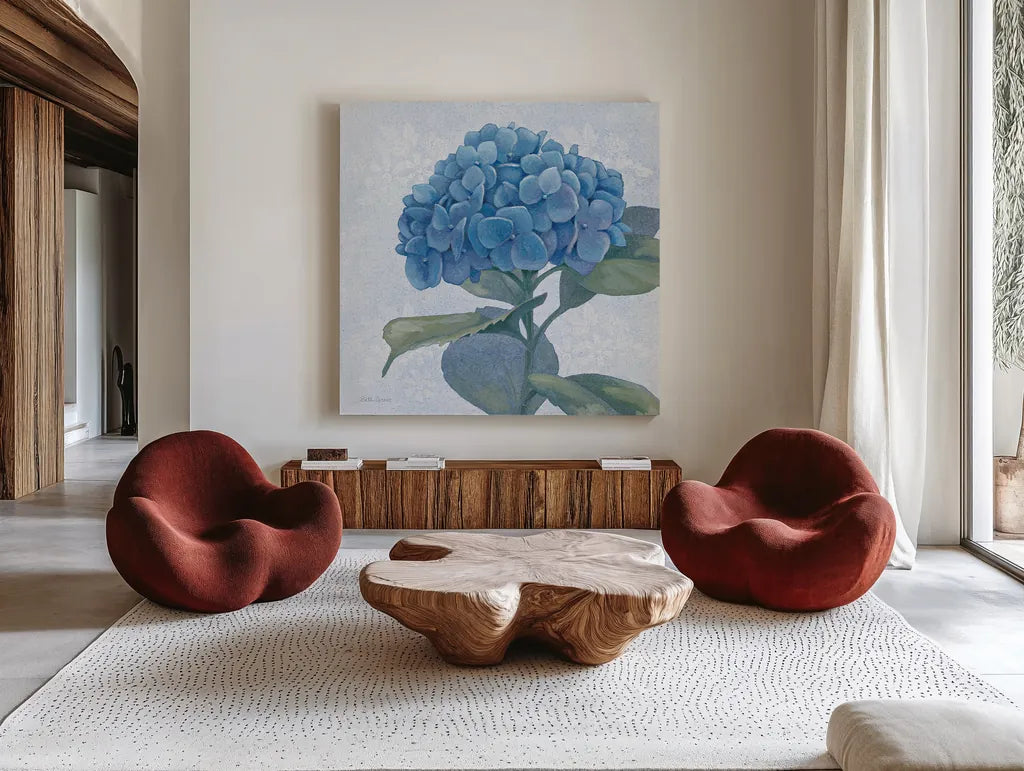 Blue Hydrangea IV Light by Beth Grove. Shown as extra-large giant wall art in a modern living room. Available as an archival giclee rolled canvas, fine art paper, or poster print. SKU 21477a.
