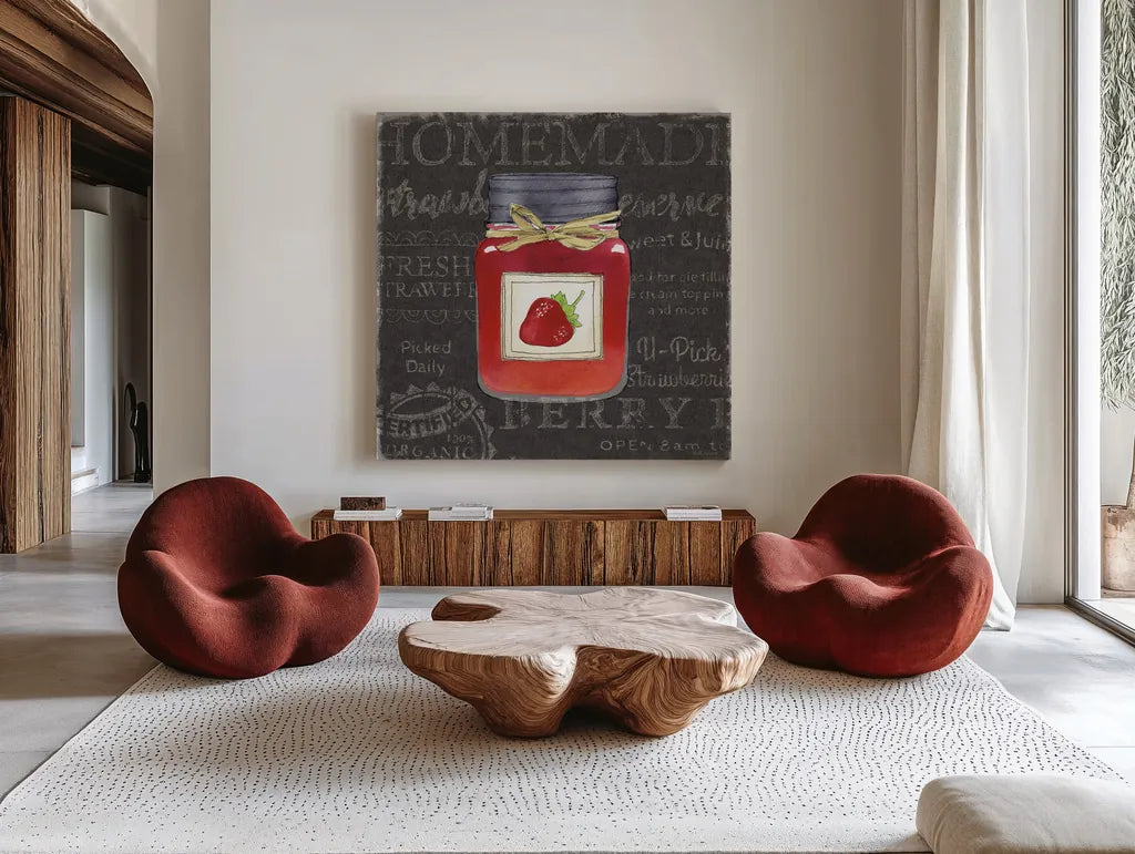 Canning Kitchen I black by Beth Grove. Shown as extra-large giant wall art in a modern living room. Available as an archival giclee rolled canvas, fine art paper, or poster print. SKU 32190a.
