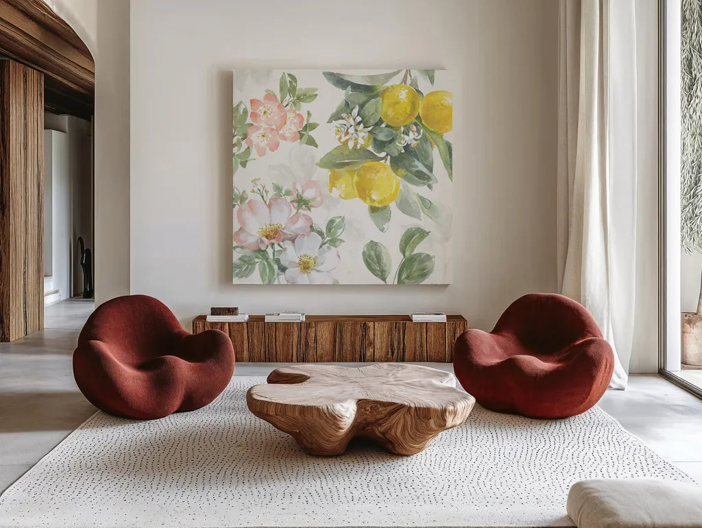 Citrus Charm V by Beth Grove. Shown as extra-large giant wall art in a modern living room. Available as an archival giclee rolled canvas, fine art paper, or poster print. SKU 65559a.
