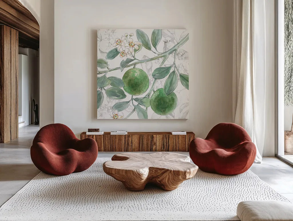 Citrus Wings VI by Beth Grove. Shown as extra-large giant wall art in a modern living room. Available as an archival giclee rolled canvas, fine art paper, or poster print. SKU 97259a.