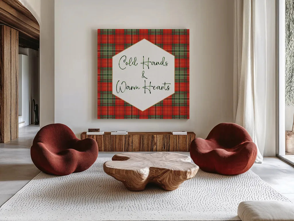 Classic Christmas VI by Beth Grove. Shown as extra-large giant wall art in a modern living room. Available as an archival giclee rolled canvas, fine art paper, or poster print. SKU 90801a.