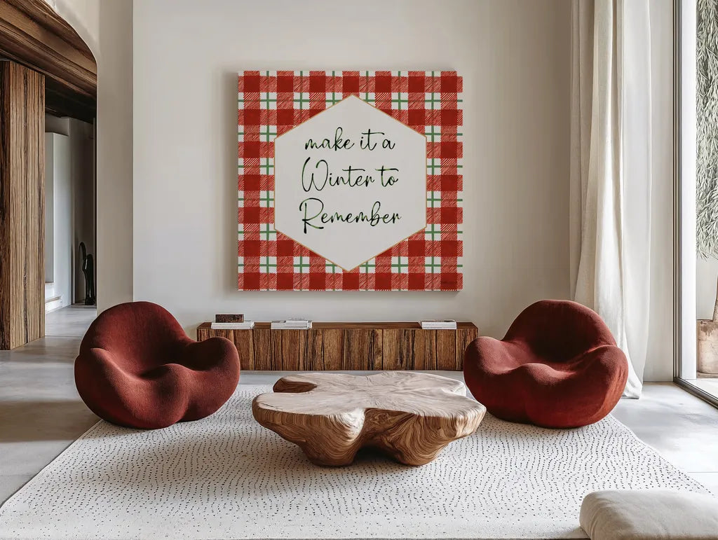 Classic Christmas VII by Beth Grove. Shown as extra-large giant wall art in a modern living room. Available as an archival giclee rolled canvas, fine art paper, or poster print. SKU 90802a.