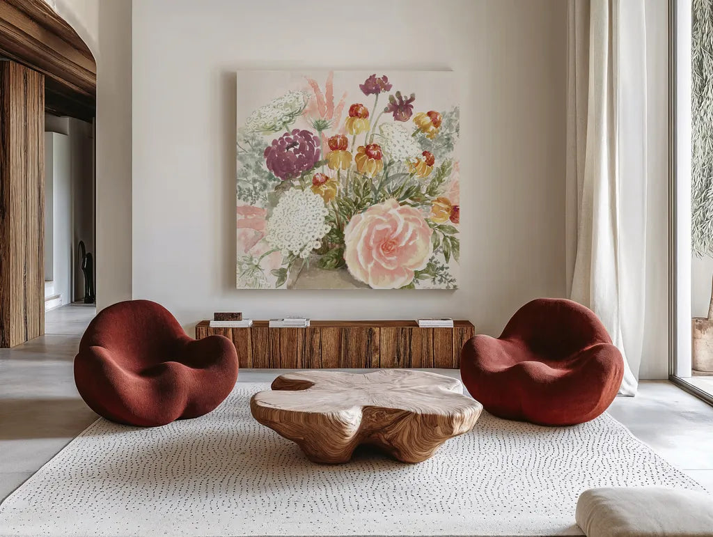 Cottage Charm V by Beth Grove. Shown as extra-large giant wall art in a modern living room. Available as an archival giclee rolled canvas, fine art paper, or poster print. SKU 69268a.