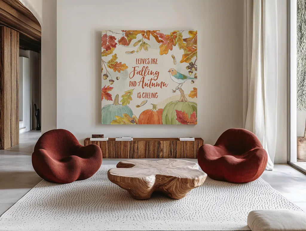 Falling for Fall IV by Beth Grove. Shown as extra-large giant wall art in a modern living room. Available as an archival giclee rolled canvas, fine art paper, or poster print. SKU 43737a.