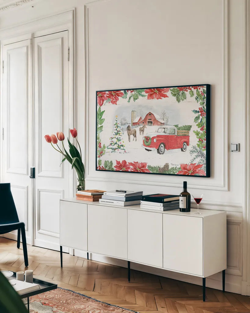 Farmhouse Holidays I by Beth Grove. shown as a framed stretched canvas in a living room above a console. Available as a archival giclee rolled canvas, fine art paper, or poster print. SKU 45567i.
