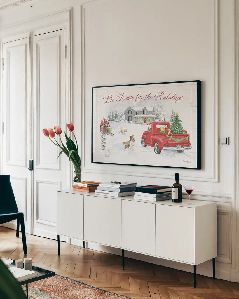 Farmhouse Holidays VI by Beth Grove. shown as a framed stretched canvas in a living room above a console. Available as a archival giclee rolled canvas, fine art paper, or poster print. SKU 45572i.