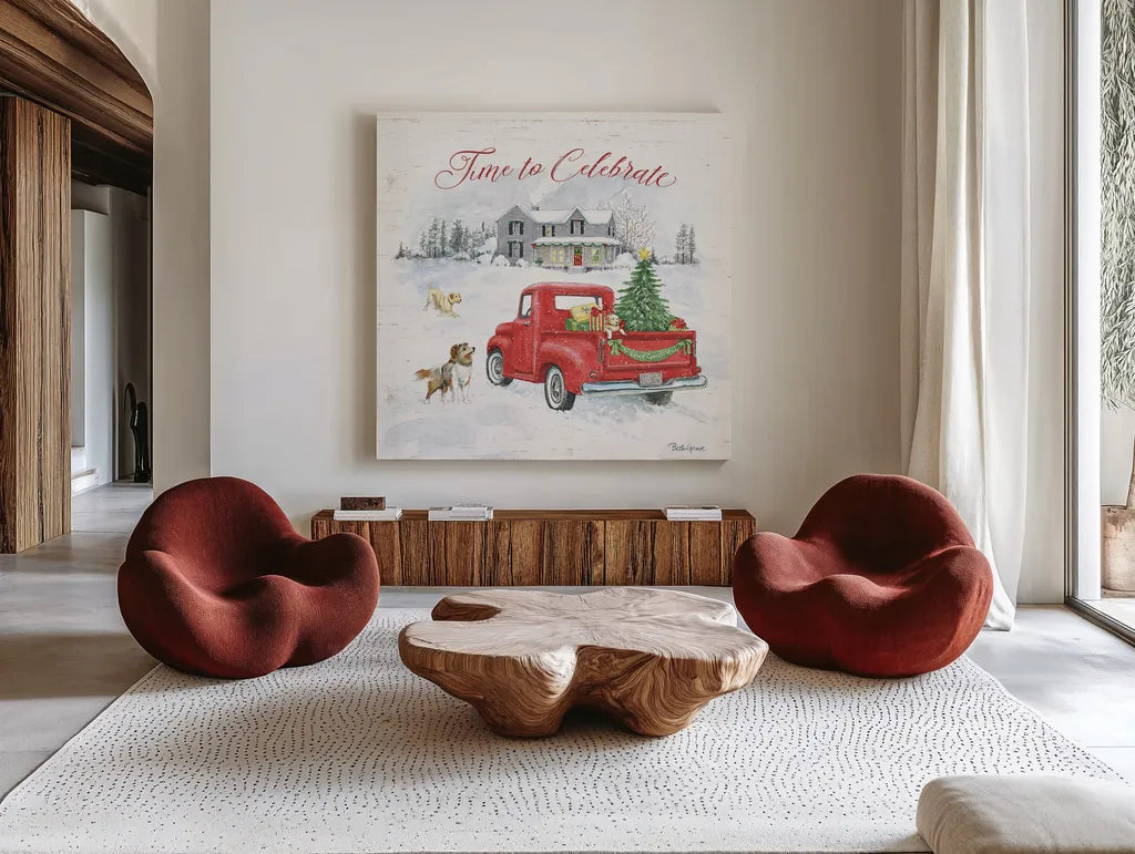 Farmhouse Holidays VIII by Beth Grove. Shown as extra-large giant wall art in a modern living room. Available as an archival giclee rolled canvas, fine art paper, or poster print. SKU 45574a.