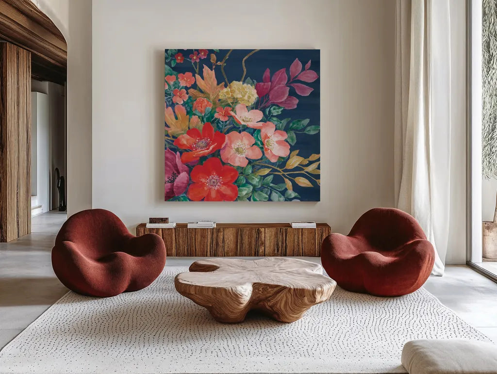 Floral Drama VI by Beth Grove. Shown as extra-large giant wall art in a modern living room. Available as an archival giclee rolled canvas, fine art paper, or poster print. SKU 80331a.