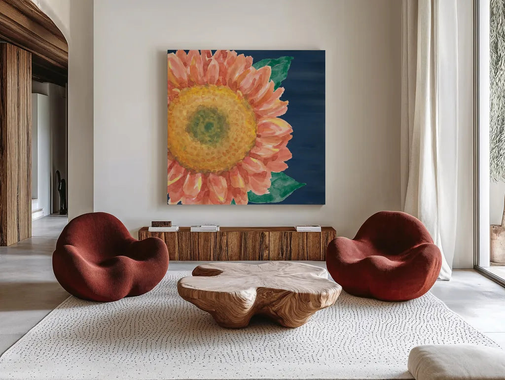 Floral Drama VIII by Beth Grove. Shown as extra-large giant wall art in a modern living room. Available as an archival giclee rolled canvas, fine art paper, or poster print. SKU 80333a.
