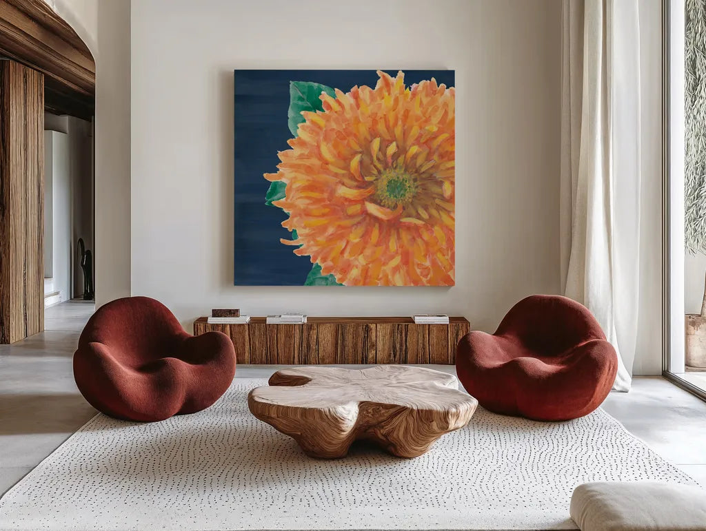Floral Drama XI by Beth Grove. Shown as extra-large giant wall art in a modern living room. Available as an archival giclee rolled canvas, fine art paper, or poster print. SKU 80336a.