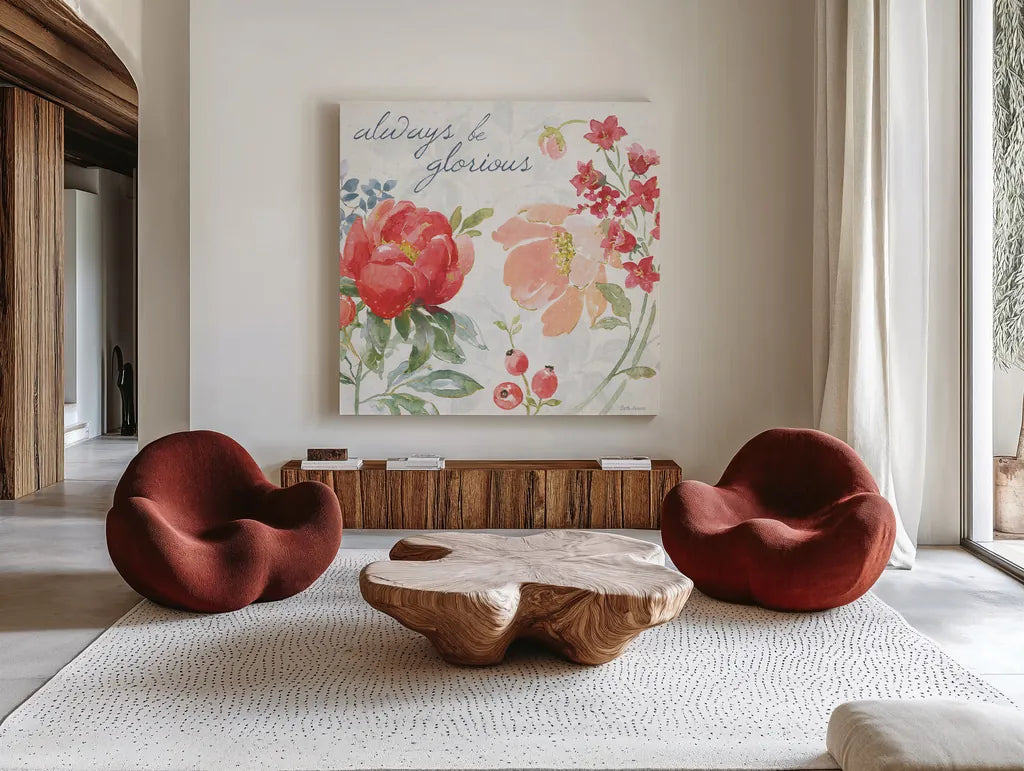 Floral Focus IV by Beth Grove. Shown as extra-large giant wall art in a modern living room. Available as an archival giclee rolled canvas, fine art paper, or poster print. SKU 62325a.
