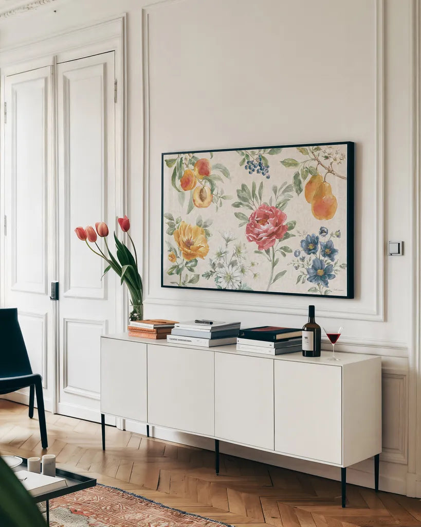Floral Solitude I by Beth Grove. shown as a framed stretched canvas in a living room above a console. Available as a archival giclee rolled canvas, fine art paper, or poster print. SKU 67777i.