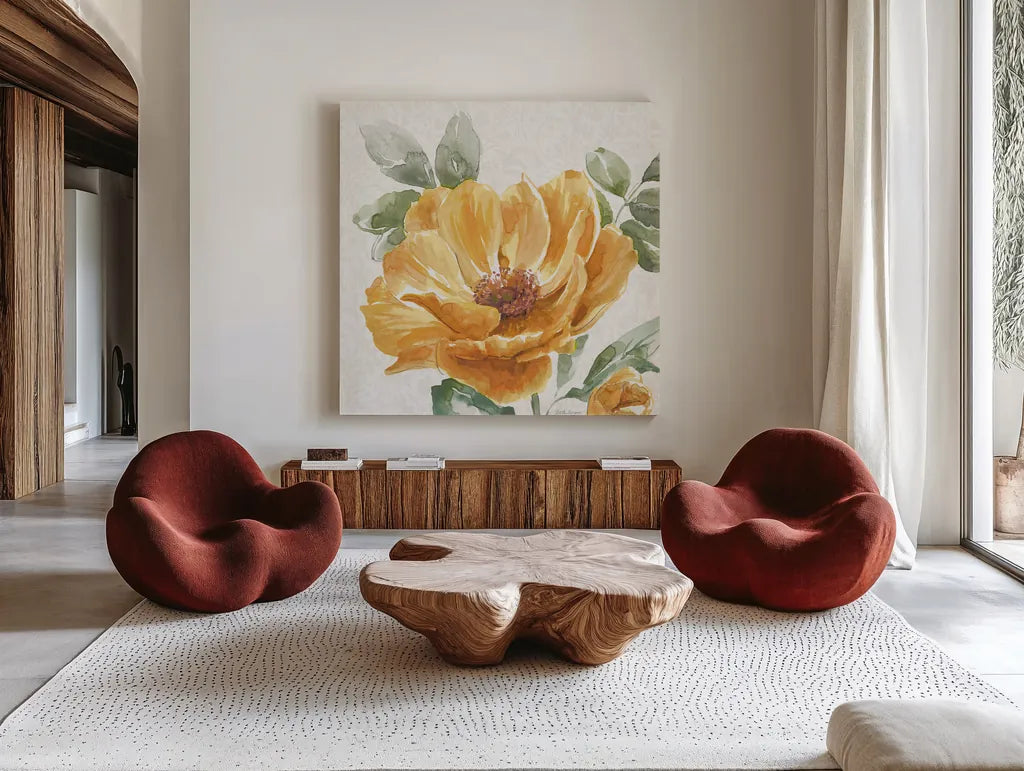 Floral Solitude XI by Beth Grove. Shown as extra-large giant wall art in a modern living room. Available as an archival giclee rolled canvas, fine art paper, or poster print. SKU 67787a.