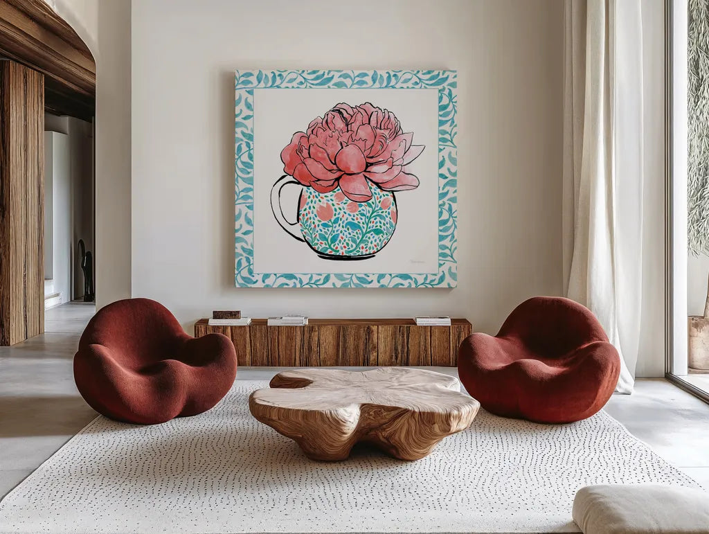 Floral Teacup I Vine Border by Beth Grove. Shown as extra-large giant wall art in a modern living room. Available as an archival giclee rolled canvas, fine art paper, or poster print. SKU 33844a.