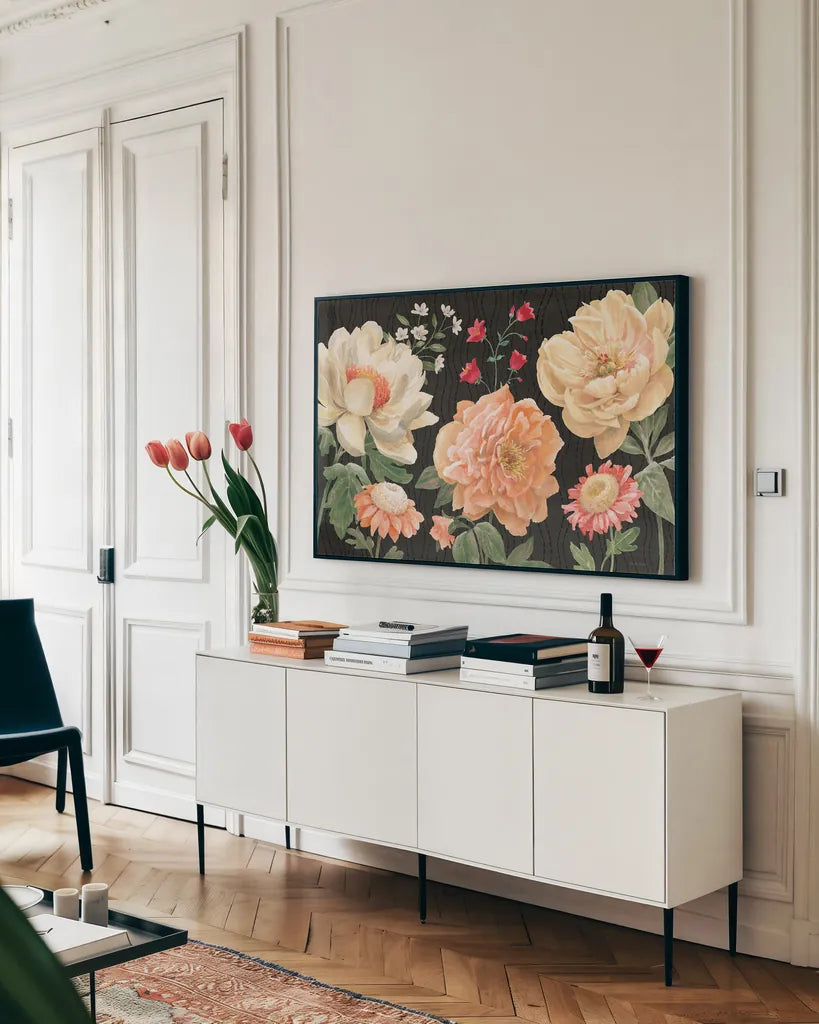 Flower Show I by Beth Grove. shown as a framed stretched canvas in a living room above a console. Available as a archival giclee rolled canvas, fine art paper, or poster print. SKU 87006i.
