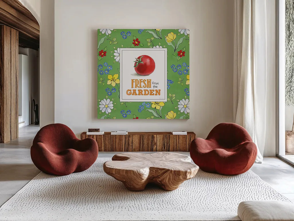 Fresh From the Garden V by Beth Grove. Shown as extra-large giant wall art in a modern living room. Available as an archival giclee rolled canvas, fine art paper, or poster print. SKU 31981a.