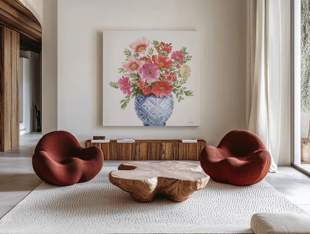 From the East III No Words White by Beth Grove. Shown as extra-large giant wall art in a modern living room. Available as an archival giclee rolled canvas, fine art paper, or poster print. SKU 93902a.