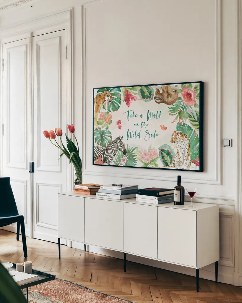 From the Jungle I by Beth Grove. shown as a framed stretched canvas in a living room above a console. Available as a archival giclee rolled canvas, fine art paper, or poster print. SKU 60698i.