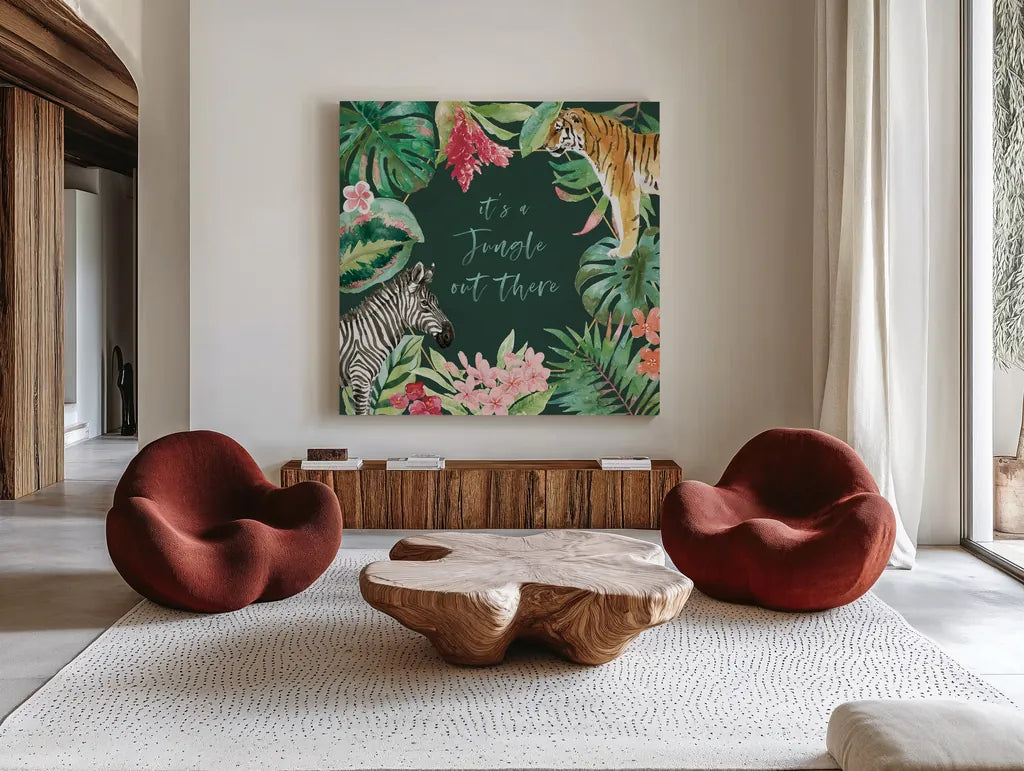 From the Jungle II Dark by Beth Grove. Shown as extra-large giant wall art in a modern living room. Available as an archival giclee rolled canvas, fine art paper, or poster print. SKU 61559a.