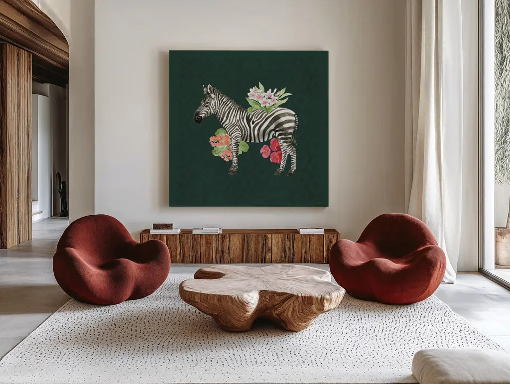 From the Jungle V Dark by Beth Grove. Shown as extra-large giant wall art in a modern living room. Available as an archival giclee rolled canvas, fine art paper, or poster print. SKU 61562a.