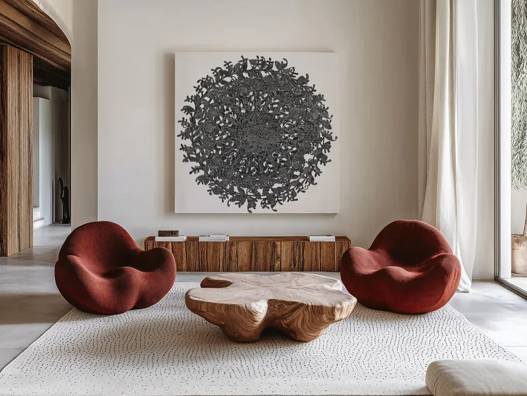 Golden Treasure Medallions by Beth Grove. Shown as extra-large giant wall art in a modern living room. Available as an archival giclee rolled canvas, fine art paper, or poster print. SKU 23534a.