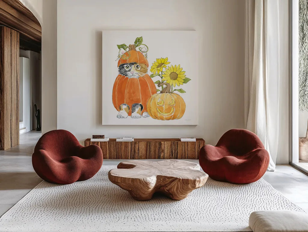 Halloween Pets II by Beth Grove. Shown as extra-large giant wall art in a modern living room. Available as an archival giclee rolled canvas, fine art paper, or poster print. SKU 41591a.