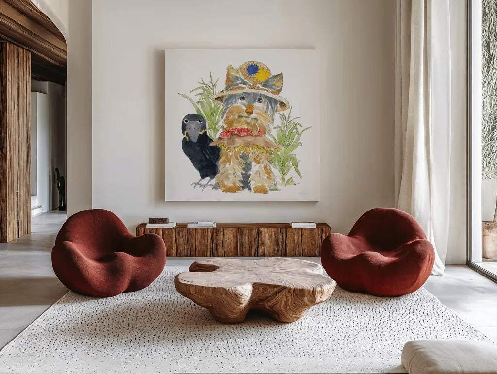 Halloween Pets IV by Beth Grove. Shown as extra-large giant wall art in a modern living room. Available as an archival giclee rolled canvas, fine art paper, or poster print. SKU 41593a.