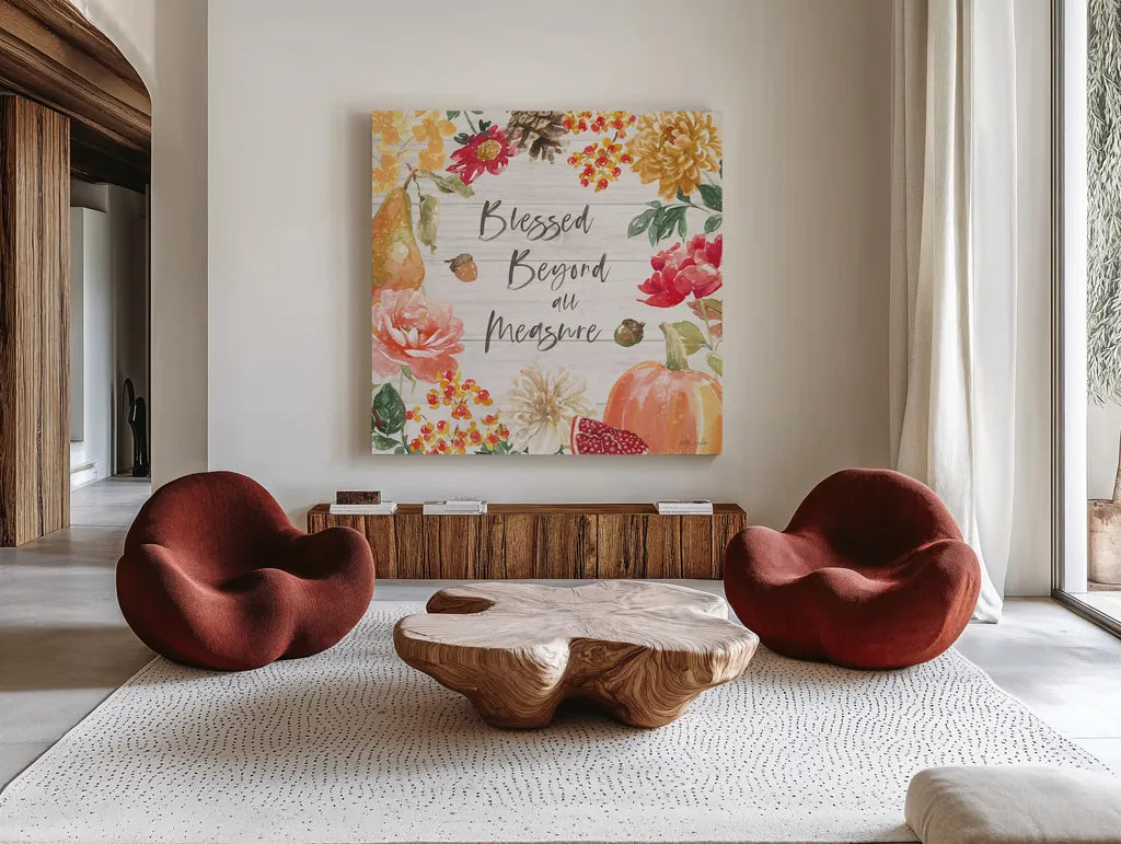 Harvest Bouquet III Shiplap by Beth Grove. Shown as extra-large giant wall art in a modern living room. Available as an archival giclee rolled canvas, fine art paper, or poster print. SKU 57890a.