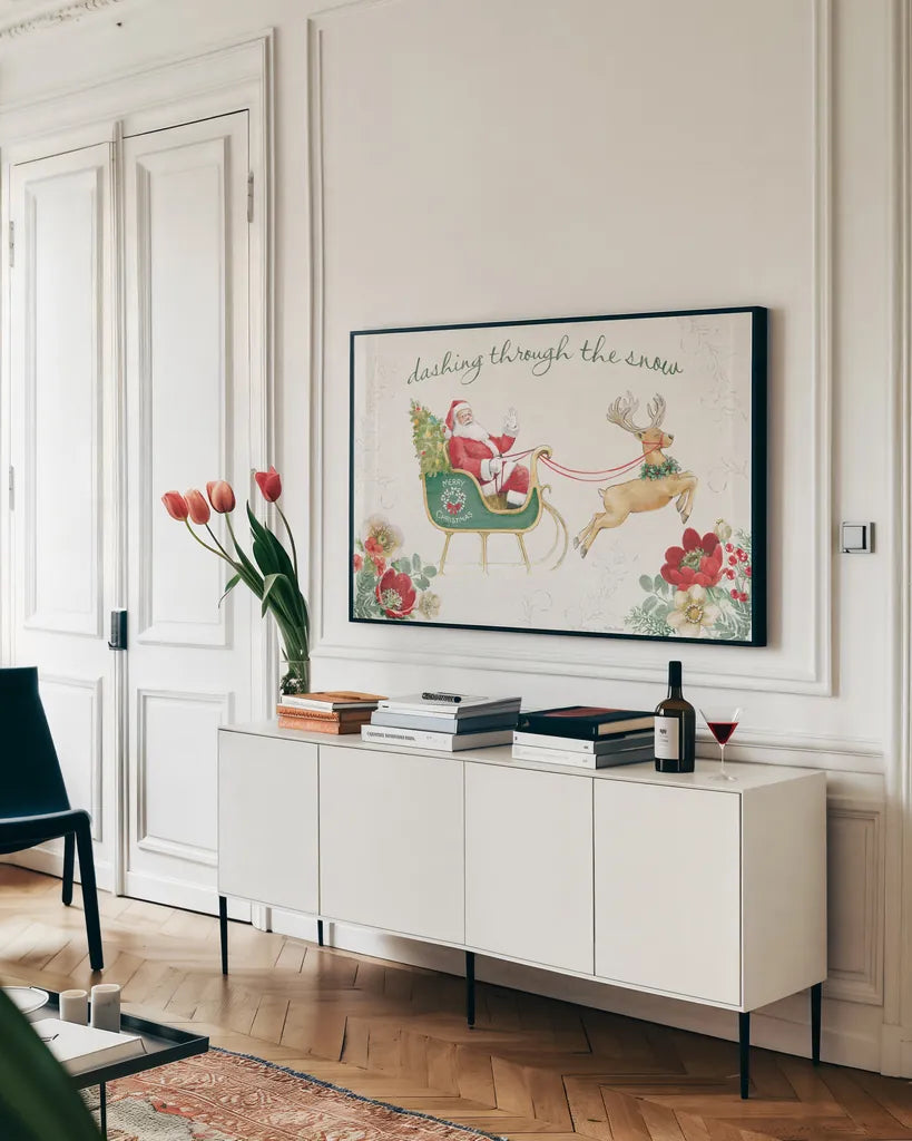 Holiday Traditions I by Beth Grove. shown as a framed stretched canvas in a living room above a console. Available as a archival giclee rolled canvas, fine art paper, or poster print. SKU 86429i.