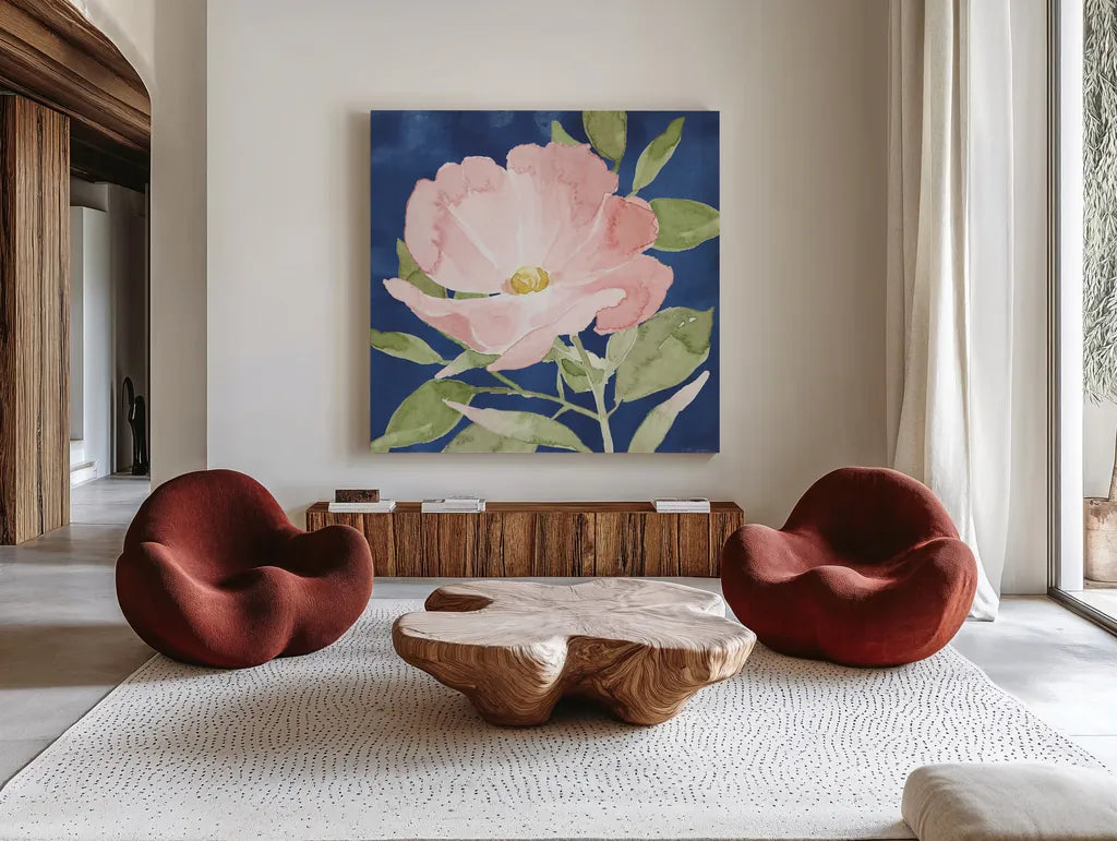 Indigo Petals IX by Beth Grove. Shown as extra-large giant wall art in a modern living room. Available as an archival giclee rolled canvas, fine art paper, or poster print. SKU 78061a.