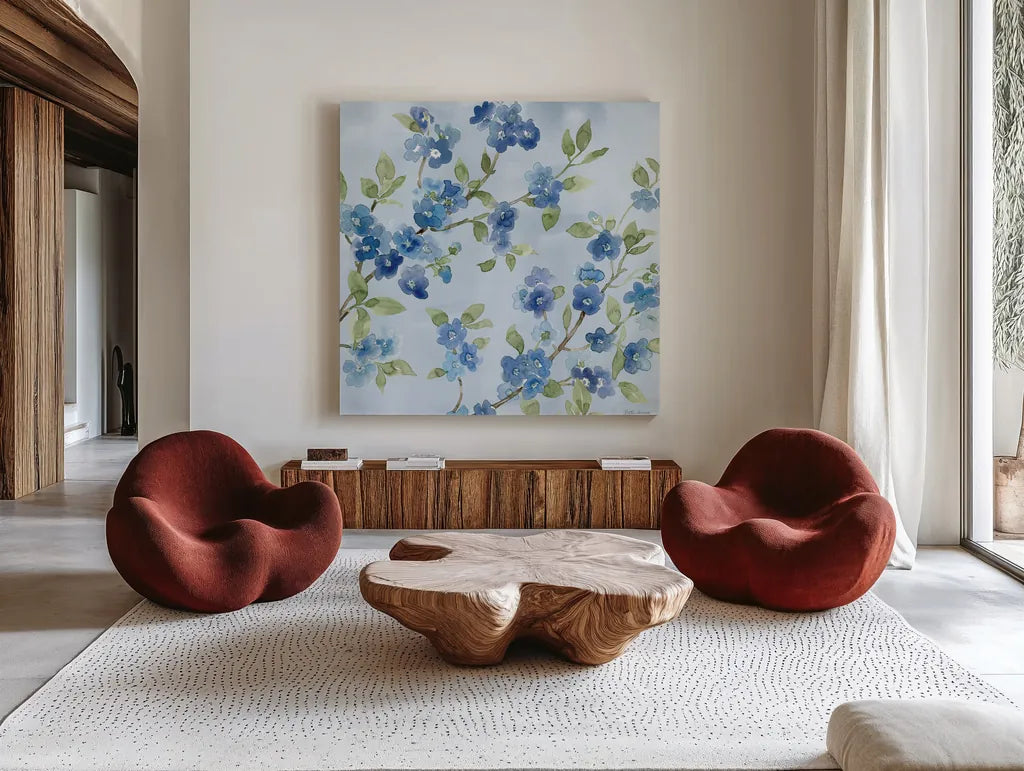 Indigo Petals VI by Beth Grove. Shown as extra-large giant wall art in a modern living room. Available as an archival giclee rolled canvas, fine art paper, or poster print. SKU 78058a.