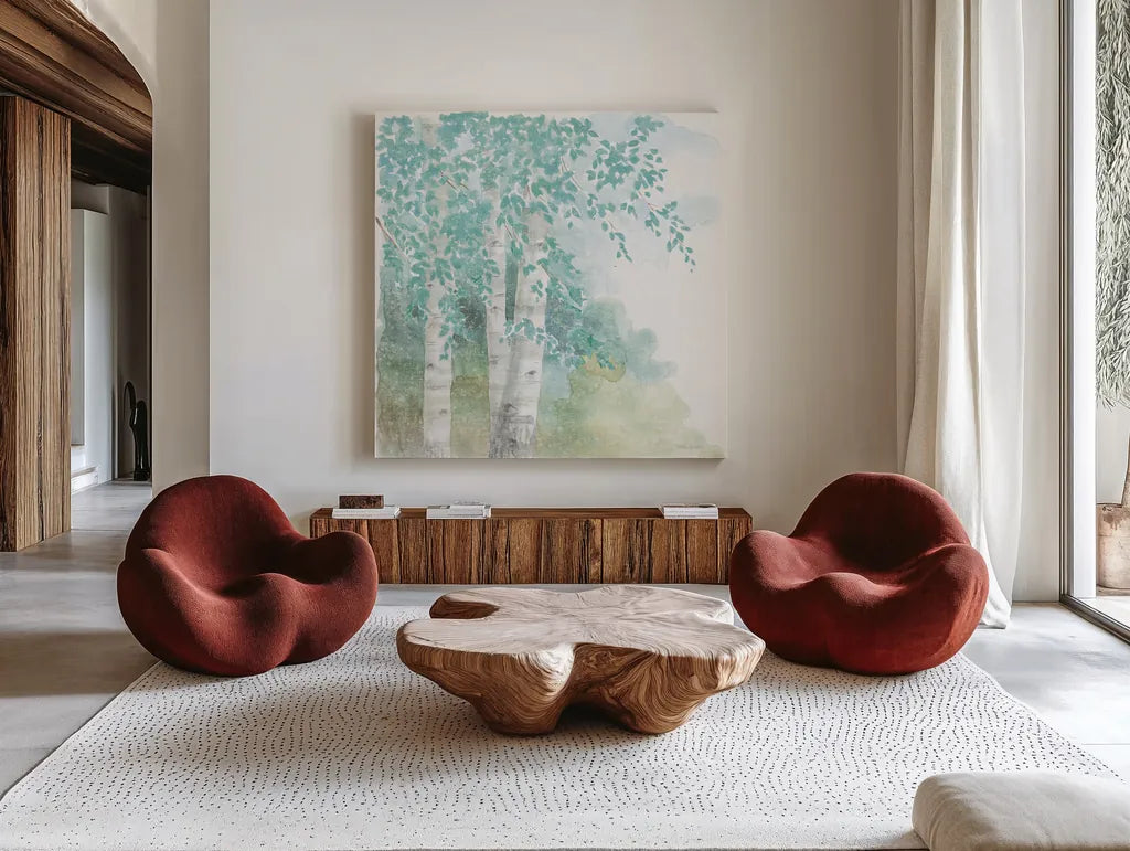 Natures Leaves II No Gold by Beth Grove. Shown as extra-large giant wall art in a modern living room. Available as an archival giclee rolled canvas, fine art paper, or poster print. SKU 61596a.