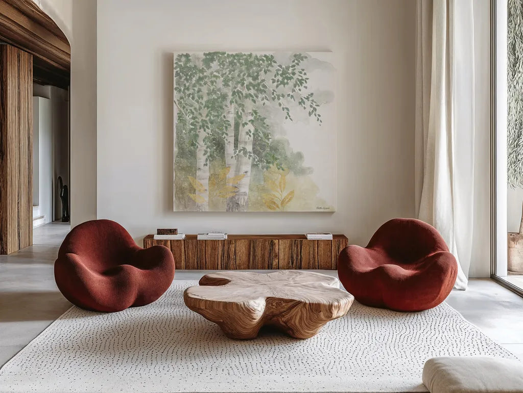 Natures Leaves II Sage by Beth Grove. Shown as extra-large giant wall art in a modern living room. Available as an archival giclee rolled canvas, fine art paper, or poster print. SKU 71493a.