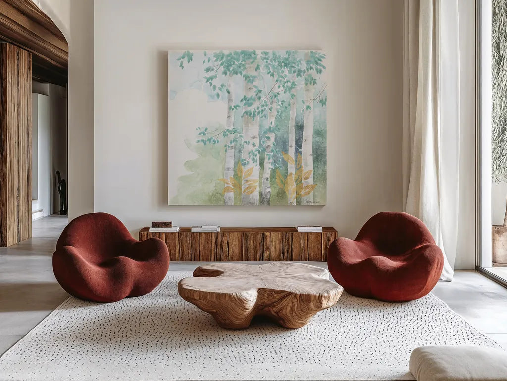 Natures Leaves III by Beth Grove. Shown as extra-large giant wall art in a modern living room. Available as an archival giclee rolled canvas, fine art paper, or poster print. SKU 56071a.