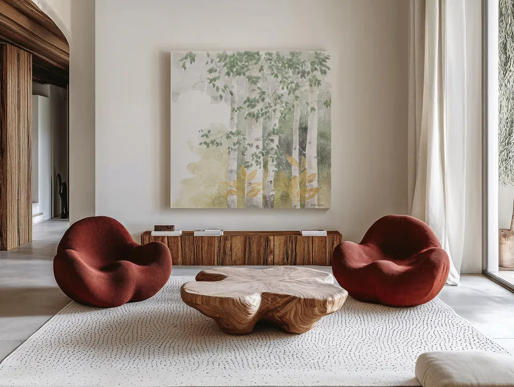 Natures Leaves III Sage by Beth Grove. Shown as extra-large giant wall art in a modern living room. Available as an archival giclee rolled canvas, fine art paper, or poster print. SKU 71494a.