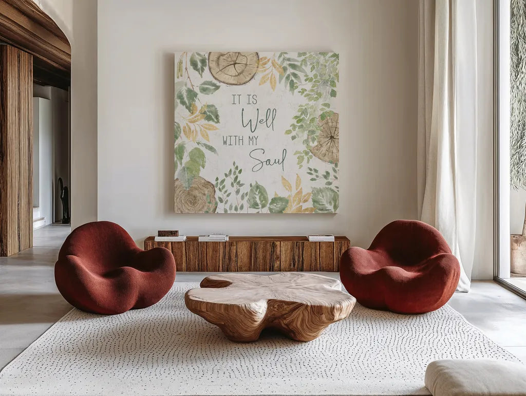 Natures Leaves IV Sage by Beth Grove. Shown as extra-large giant wall art in a modern living room. Available as an archival giclee rolled canvas, fine art paper, or poster print. SKU 71495a.