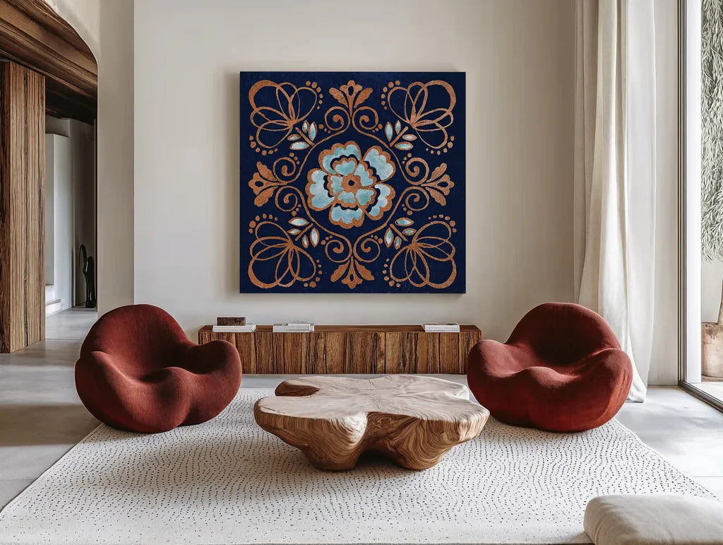 October Garden X Blue by Beth Grove. Shown as extra-large giant wall art in a modern living room. Available as an archival giclee rolled canvas, fine art paper, or poster print. SKU 39633a.